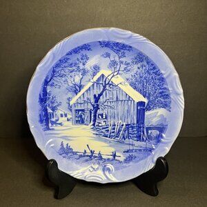 Vintage Currier & Ives The Old Homestead in Winter Blue Collectible Round Plate